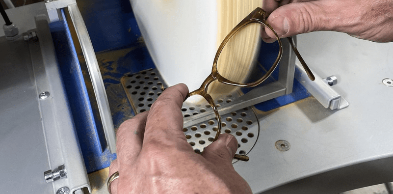 A close-up image of a pair of glasses being made. Image supplied by Forall Frameworks.