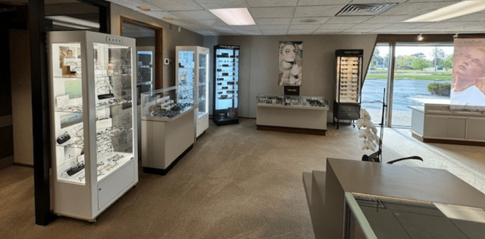 The inside of a Cunningham Optical One office.